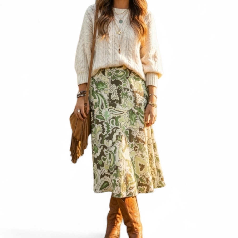 VTG 90s New York & Company Green Paisley Midi Skirt | Earthy Retro Mod | M